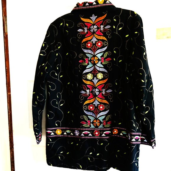 Denim & Co Black Vine Embroidered (Multi-Colored) Denim Jacket size M - Picture 2 of 5